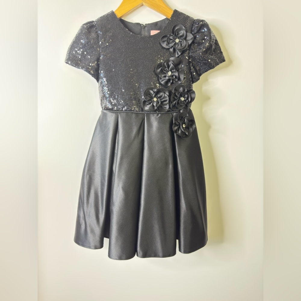 Girls Black Sequin Party Dress Satin Skirt 3D Flower Appliqué Bow Back Holiday